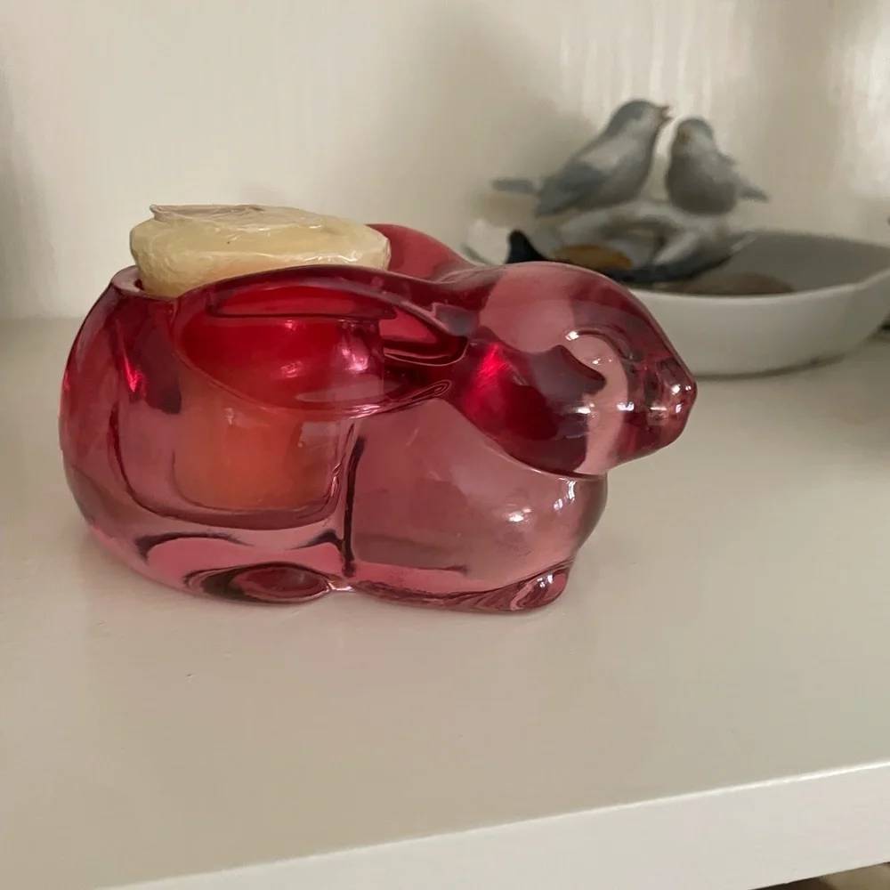 Vintage Cranberry Indiana Glass Rabbit Votive Candle Holder Easter